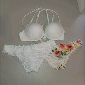 Shade & Shore Womens Sz 34D/M 3 Pc White Bikini Swimsuit Strappy Ruffle Cheeky